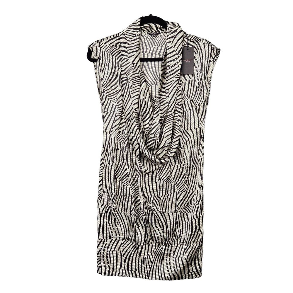 NWT TED BAKER Black Silver 100% Silk Abstract Artsy Cowl Mini Dress SIZE 0 US 2